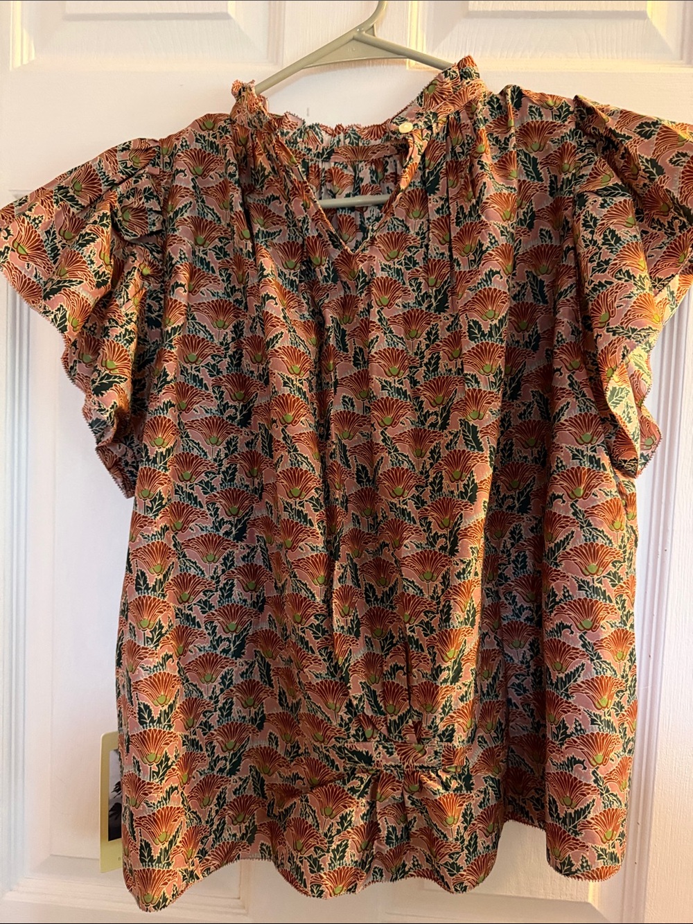 Trovata Coral and Green Floral Ruffle-Neck Flutter Sleeve Blouse